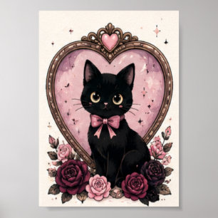 Pink Vintage Mirror Black Cat Halloween Poster