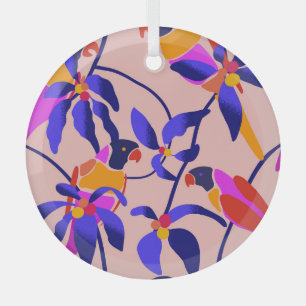 Pink Vintage Parrots: Exotic Seamless Illustration Glass Tree Decoration