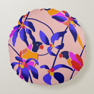 Pink Vintage Parrots: Exotic Seamless Illustration Round Cushion