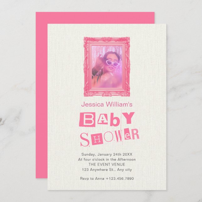 Pink vintage photo frame baby shower invitation (Front/Back)