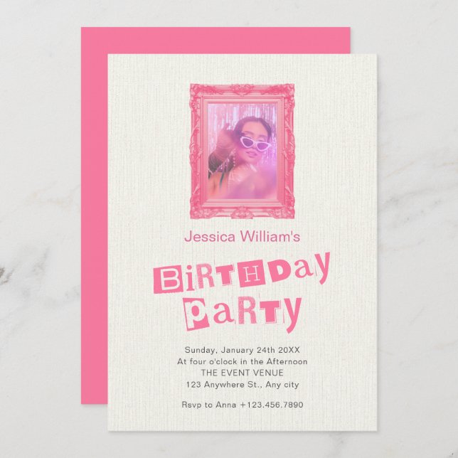 Pink vintage photo frame birthday  invitation (Front/Back)