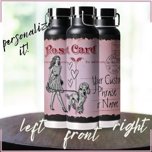Pink Vintage Postcard Woman and Poodle Love Water Bottle