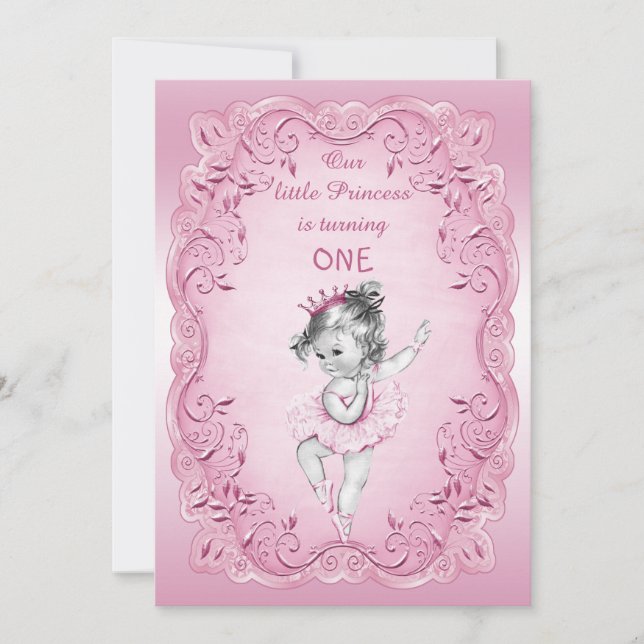 Pink Vintage Princess Ballerina 1st Birthday Party Invitation (Front)
