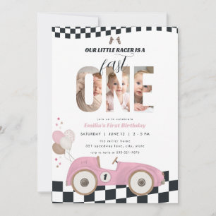 Pink Vintage Race Car First Birthday Invite Photo