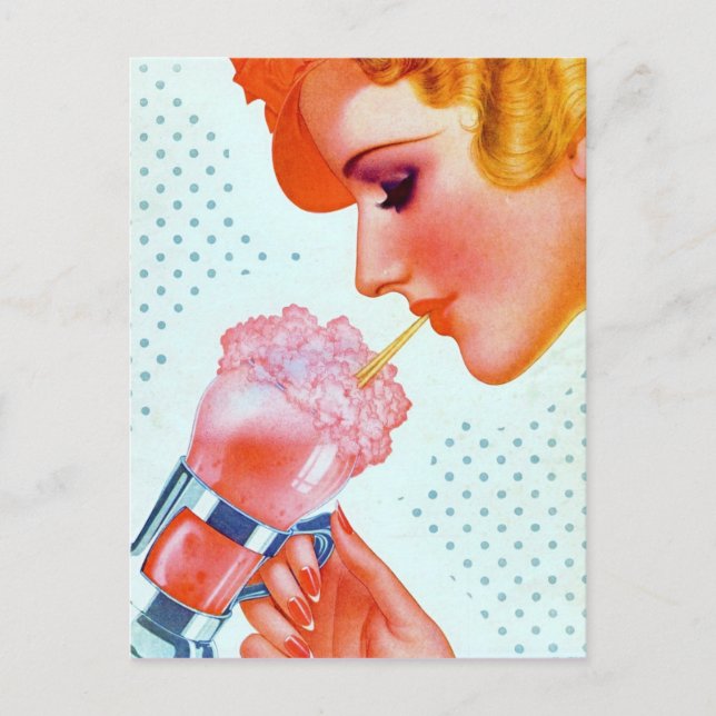 Pink Vintage Retro 1930's Girl Drinking Milkshake Postcard (Front)