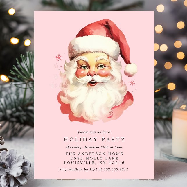 Pink Vintage Retro Santa Claus Christmas Party Invitation (Creator Uploaded)