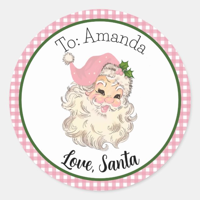 Pink Vintage Retro Santa Gift Tag (Front)