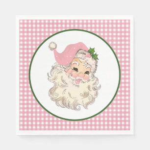 Pink Vintage Retro Santa with Pink Plaid Napkin