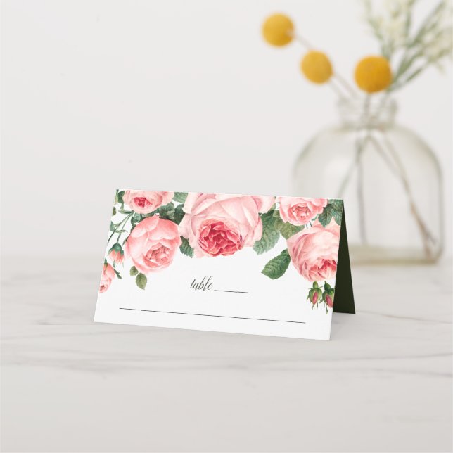 Pink Vintage Rose Wedding Place Card (Front)