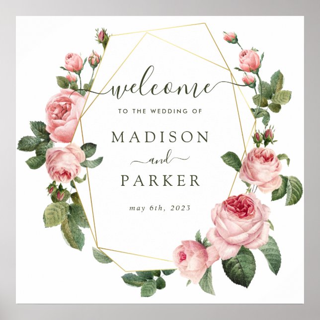 Pink Vintage Rose Wedding Poster (Front)