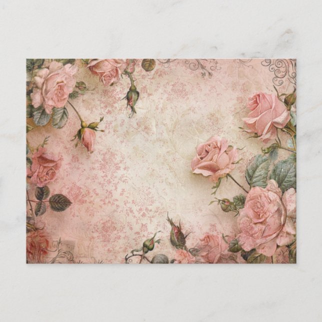 Pink Vintage Roses Decoupage Pattern  Postcard (Front)