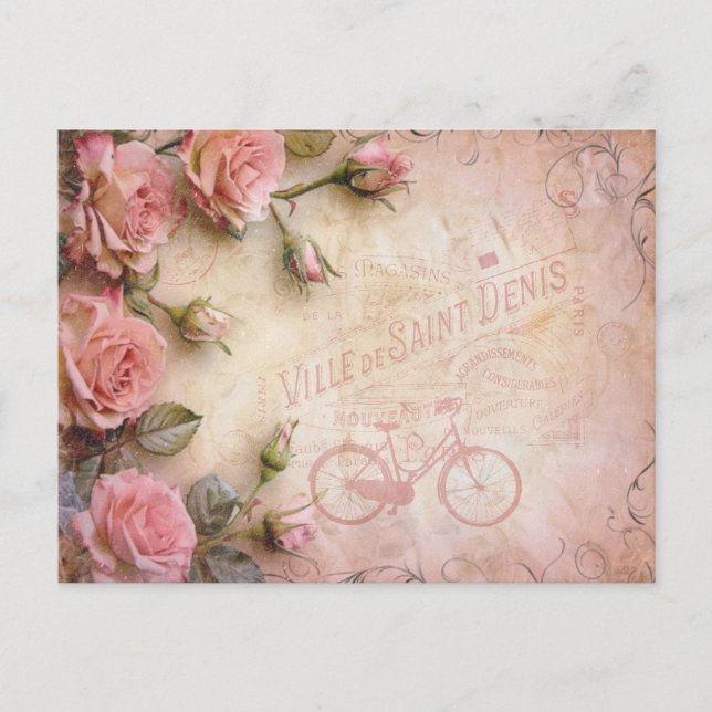 Pink Vintage Roses Decoupage Pattern  Postcard (Front)