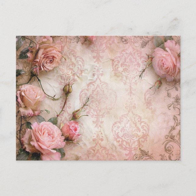 Pink Vintage Roses Decoupage Pattern  Postcard (Front)