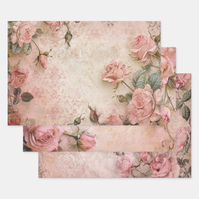 Pink Vintage Roses Decoupage Pattern   Wrapping Paper Sheet (Set)