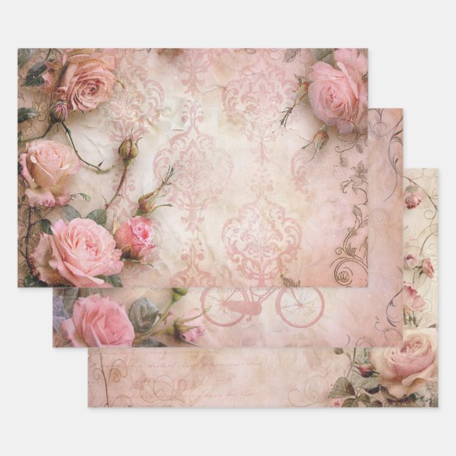 Pink Vintage Roses Decoupage Pattern Wrapping Paper Sheet (Set)
