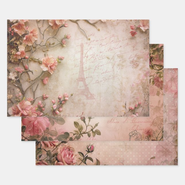 Pink Vintage Roses Decoupage Pattern  Wrapping Paper Sheet (Set)
