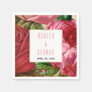Pink vintage roses floral garden wedding napkin