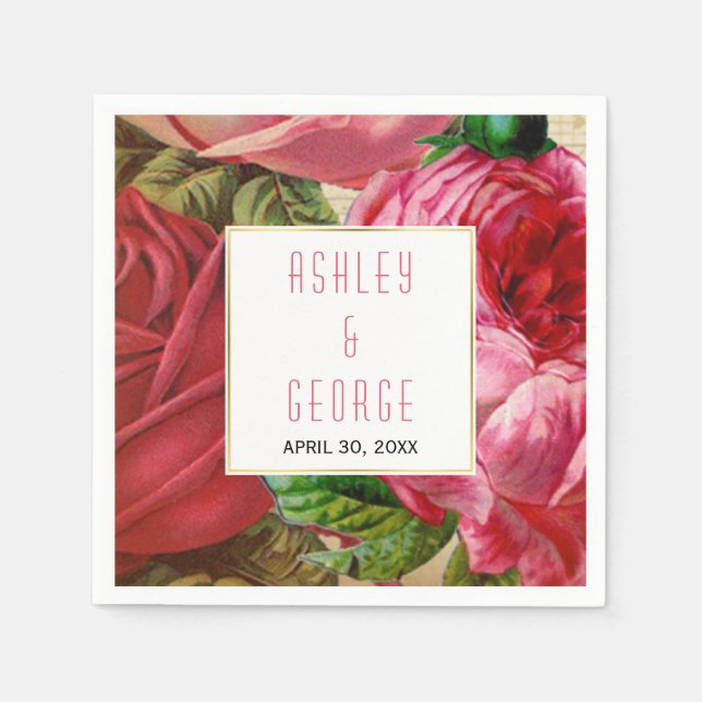 Pink vintage roses floral garden wedding napkin (Front)