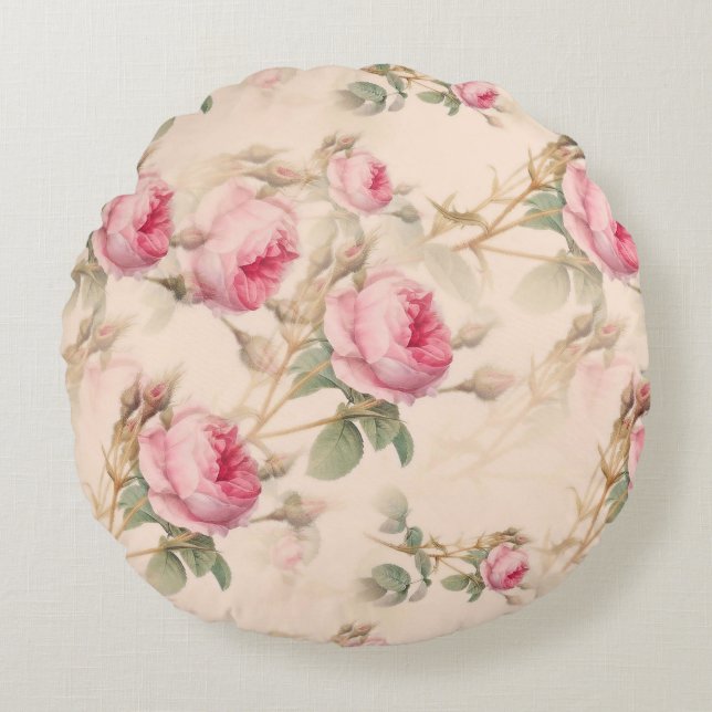 Pink vintage roses floral pattern  round cushion (Front)