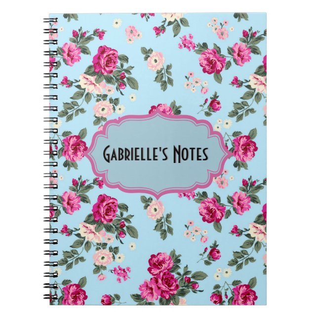 Pink Vintage Roses On Blue Background Spiral Notebook (Front)