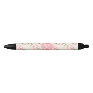 Pink Vintage Roses Pattern Monogrammed Black Ink Pen