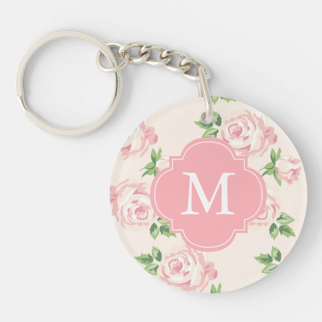 Pink Vintage Roses Pattern Monogrammed Key Ring (Front)