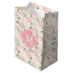 Pink Vintage Roses Pattern Monogrammed Medium Gift Bag