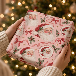 Pink Vintage Santa and Red Bow Christmas Wrapping Paper