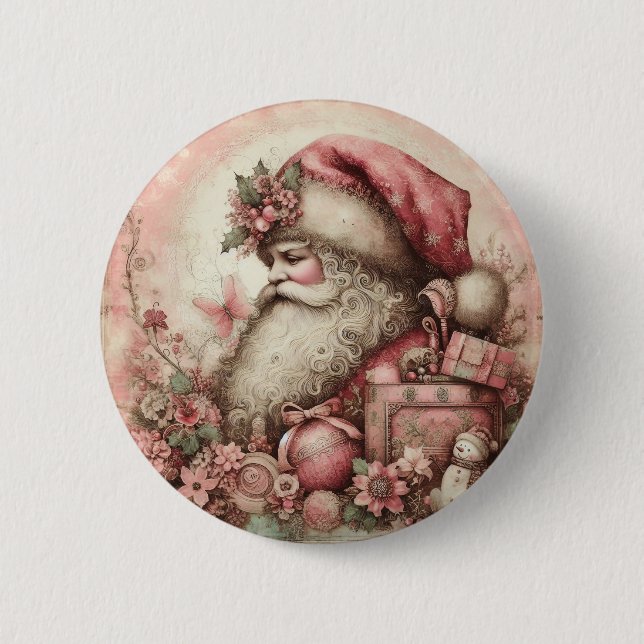 Pink Vintage Santa Button (Front)