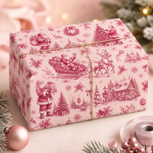 Pink Vintage Santa Sleigh Christmas Toile Wrapping Paper