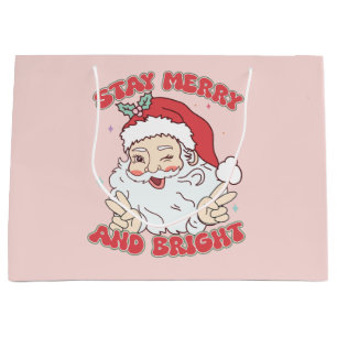 Pink Vintage Santa "Stay Merry and Bright" Xmas Large Gift Bag
