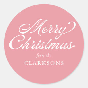 Pink Vintage Script Modern Merry Christmas Classic Round Sticker