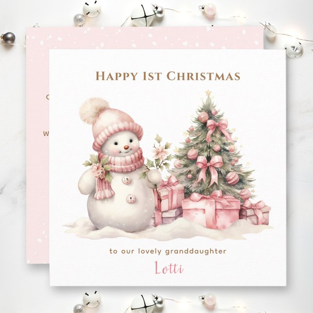 Pink Vintage Snowman Girl First Christmas Card (Pink Vintage Snowman Girl First Christmas Card)