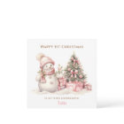 Pink Vintage Snowman Girl First Christmas Card