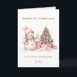 Pink Vintage Snowman Girl First Christmas Folded Card<br><div class="desc">Christmas folded card with an adorable vintage snowman in pink for baby and little girls. Snowy pink inside. Easily personalise the text - Kate Eden Art.</div>
