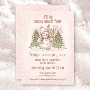 Pink Vintage Snowman Girl Winter 1st Birthday  Invitation