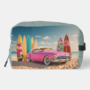 Pink vintage sports car surf board holiday dopp kit
