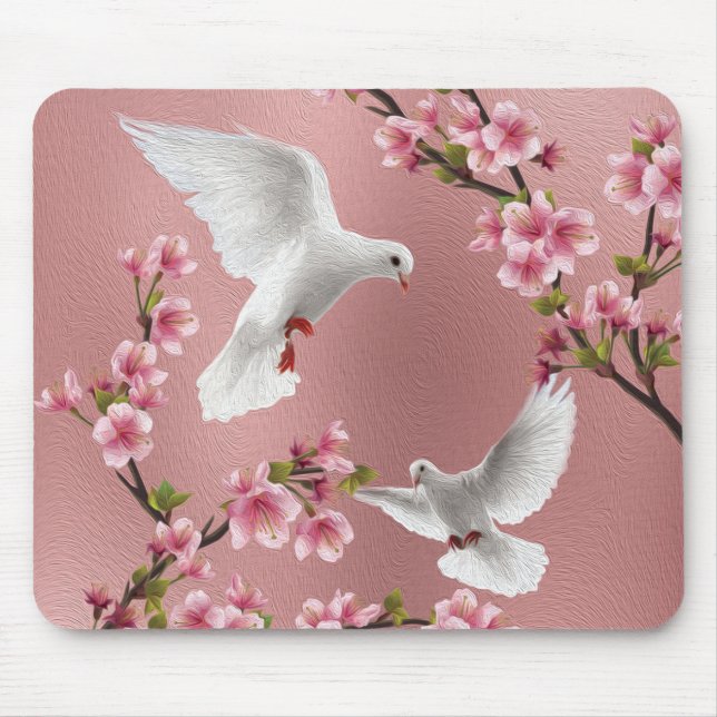 Pink Vintage Style Doves & Cherry Blossom Mouse Pad (Front)