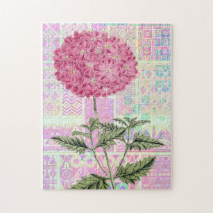 Pink Vintage Style Hydrangea Puff Art Puzzle