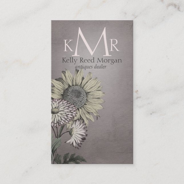 Pink Vintage Sunflower Monogram Business Card (Front)
