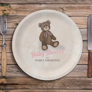 Pink Vintage Teddy Bear Custom Baby Shower Paper Plate