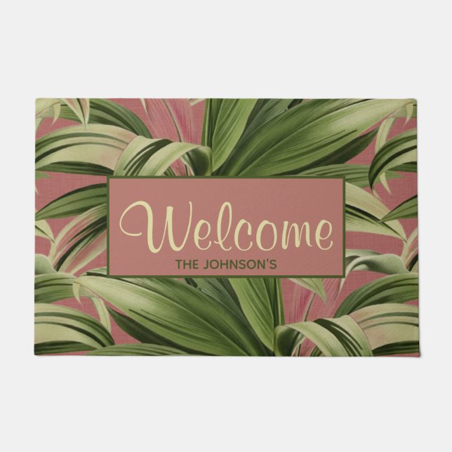 Pink Vintage Tropical Palm Doormat (Front)