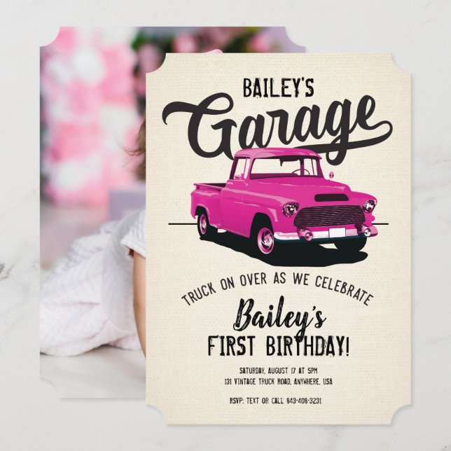 Pink Vintage Truck Birthday Party Photo Invitation (Front/Back)