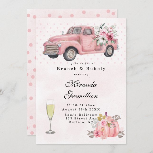 Pink vintage Truck Brunch and Bubbly  Invitation (Front/Back)