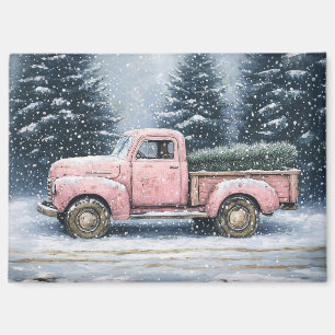 Pink Vintage Truck Hauling a Christmas Tree Magnet