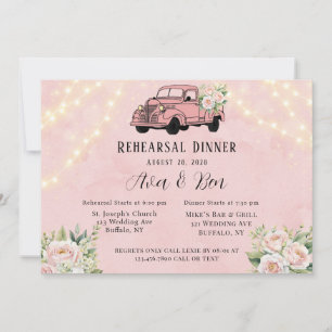 Pink Vintage Truck Peony Lights Rehearsal Dinner Invitation