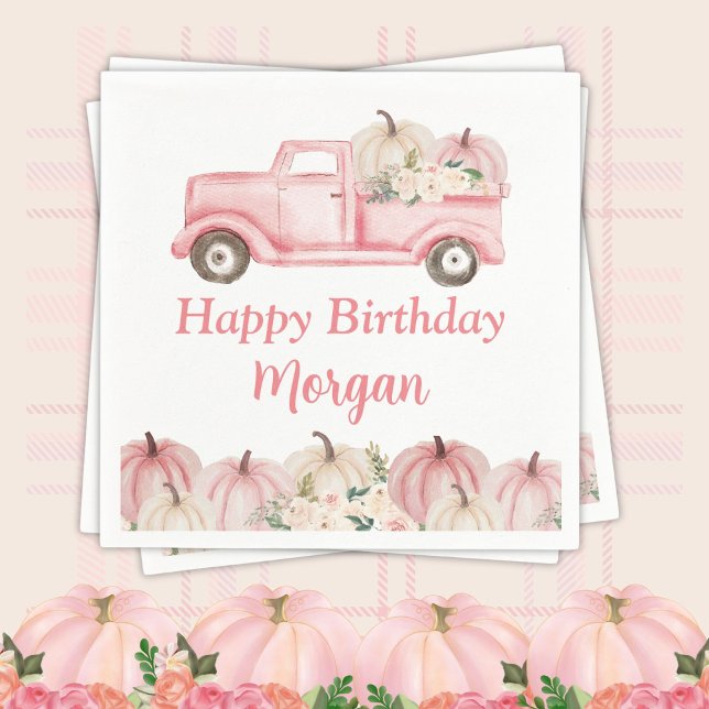 Pink Vintage Truck Pumpkin Girl Birthday Party Napkin (Creator Uploaded)