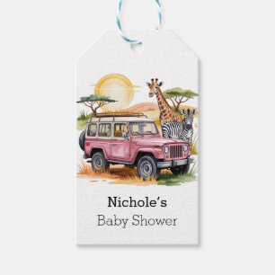 Pink Vintage Truck with Safari Animals Baby Shower Gift Tags