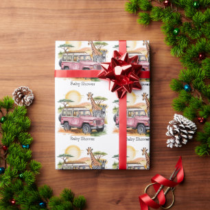 Pink Vintage Truck with Safari Animals Baby Shower Wrapping Paper