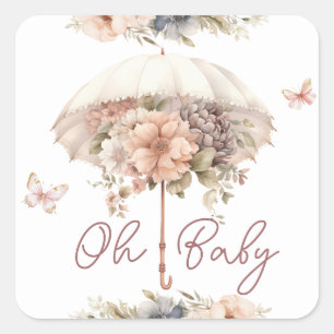 Pink Vintage Umbrella Girl Baby Shower Square Square Sticker
